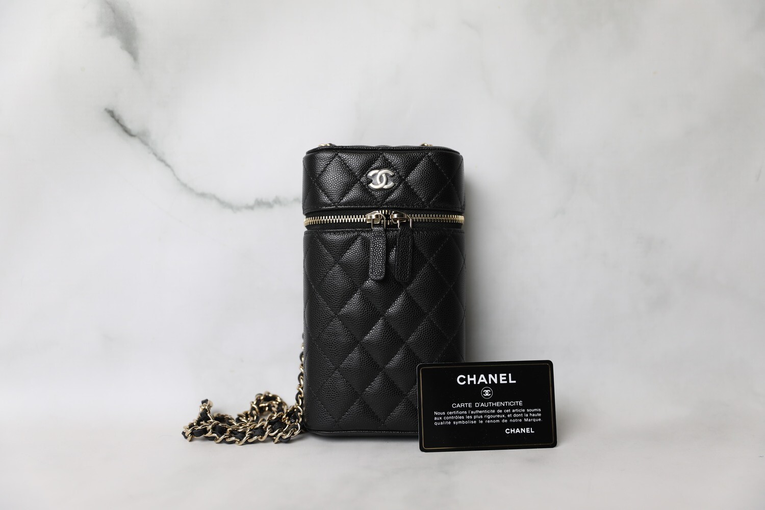 Chanel Vanity Phone Holder On Chain, Black Caviar with Gold