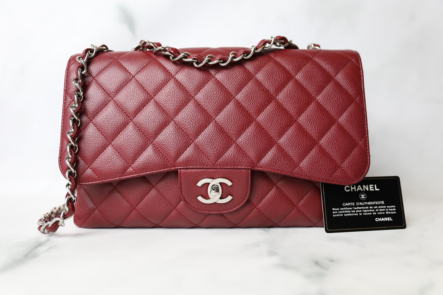 Chanel Classic Jumbo Single Flap, Red Caviar with Silver Hardware, Preowned in Dustbag WA001