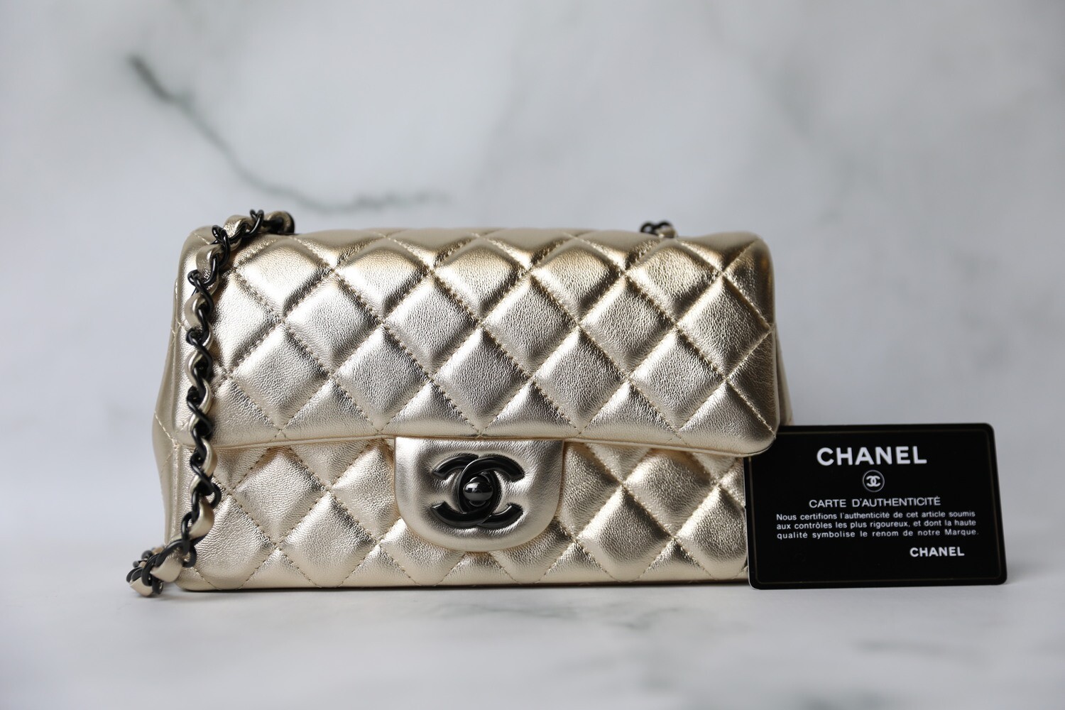 Chanel Classic Mini Rectangular, Gold Lambskin with Ruthenium Hardware, New in Box WA001