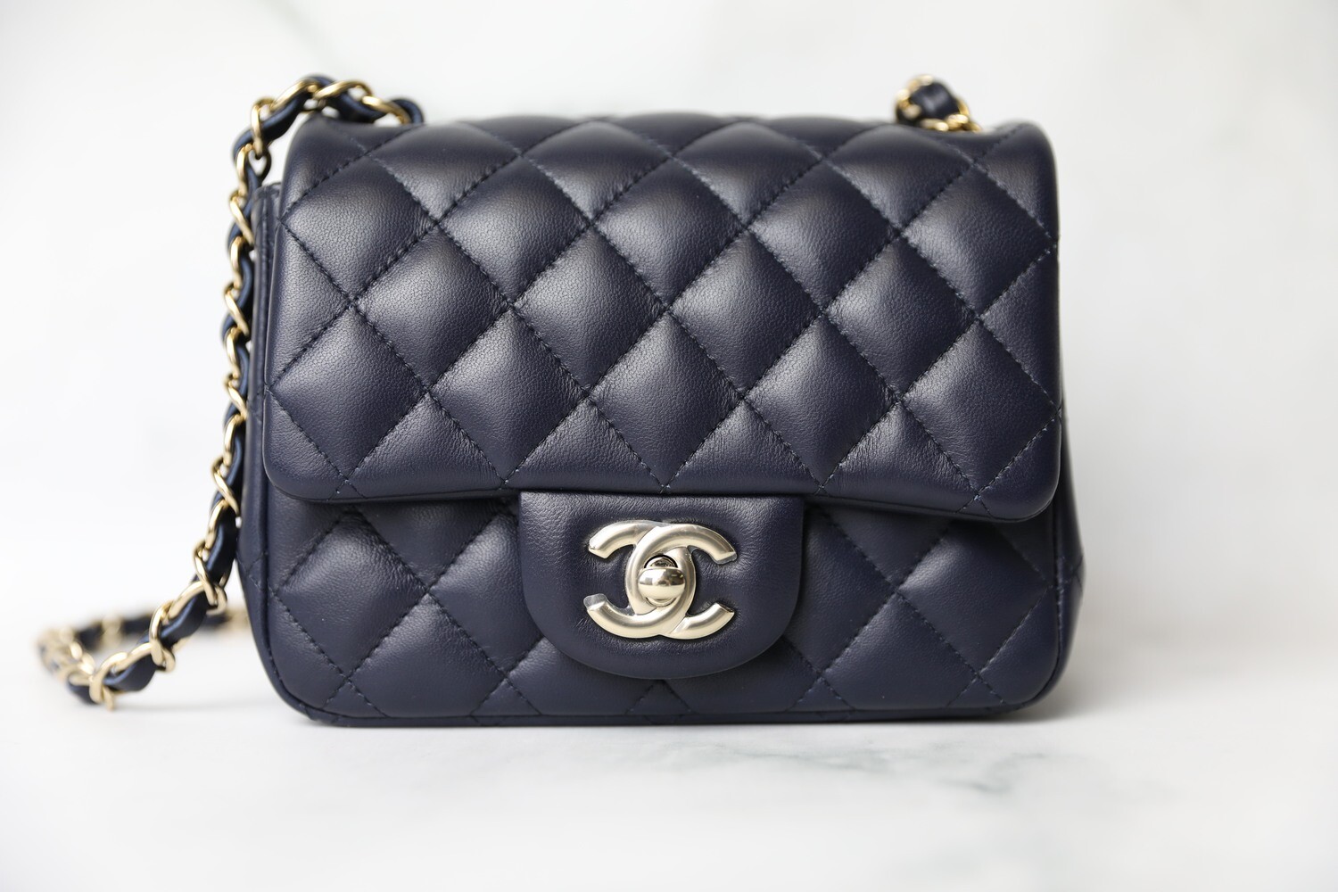 Chanel Classic Mini Square, Navy Lambskin with Light Gold Hardware, As New  in Box WA001