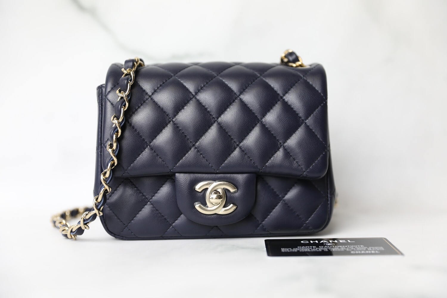 Chanel Classic Mini Square, Navy Lambskin with Light Gold Hardware