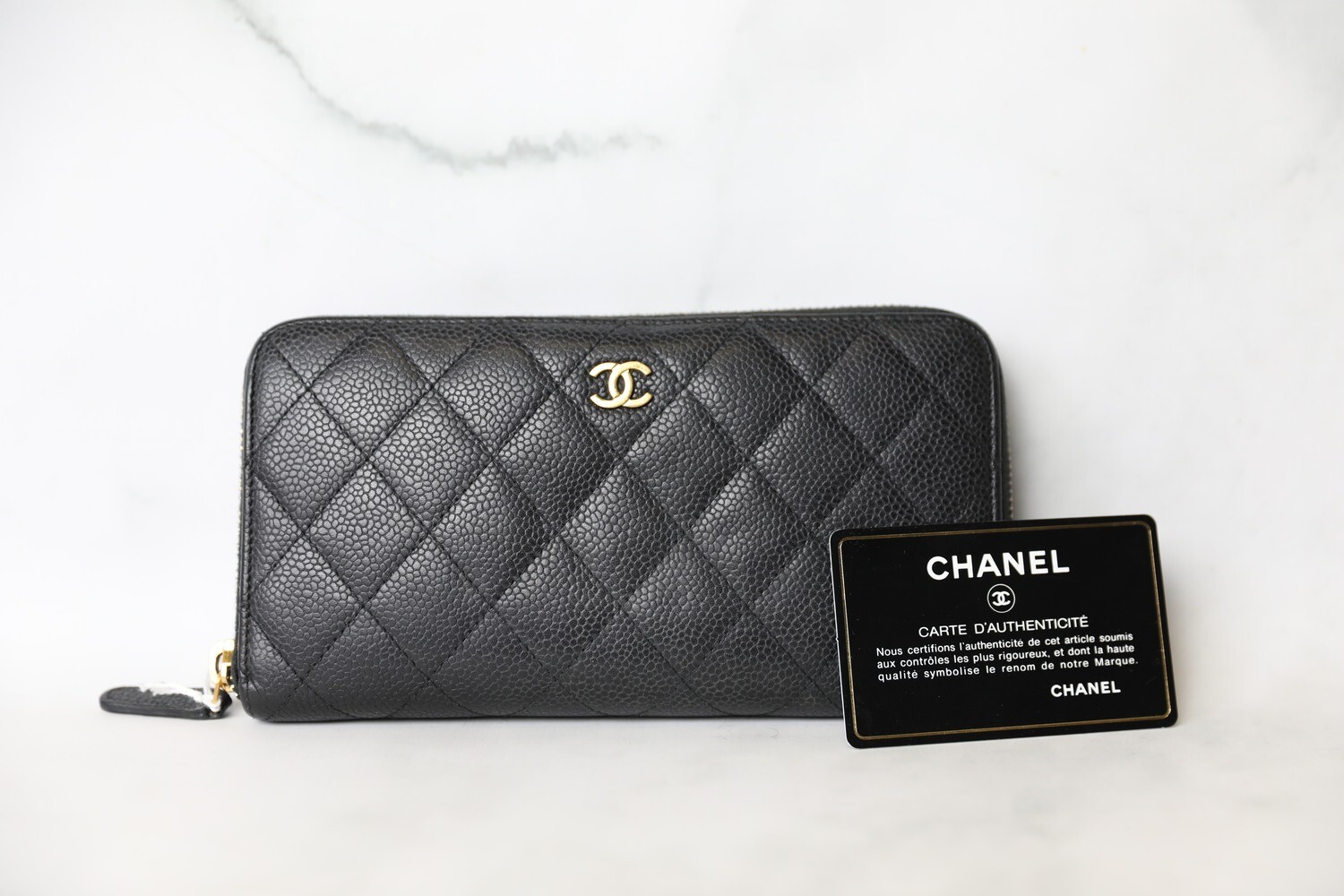 Chanel SLG Zip Around Long Wallet, Black Caviar with Gold Hardware, Preowned in Box WA001