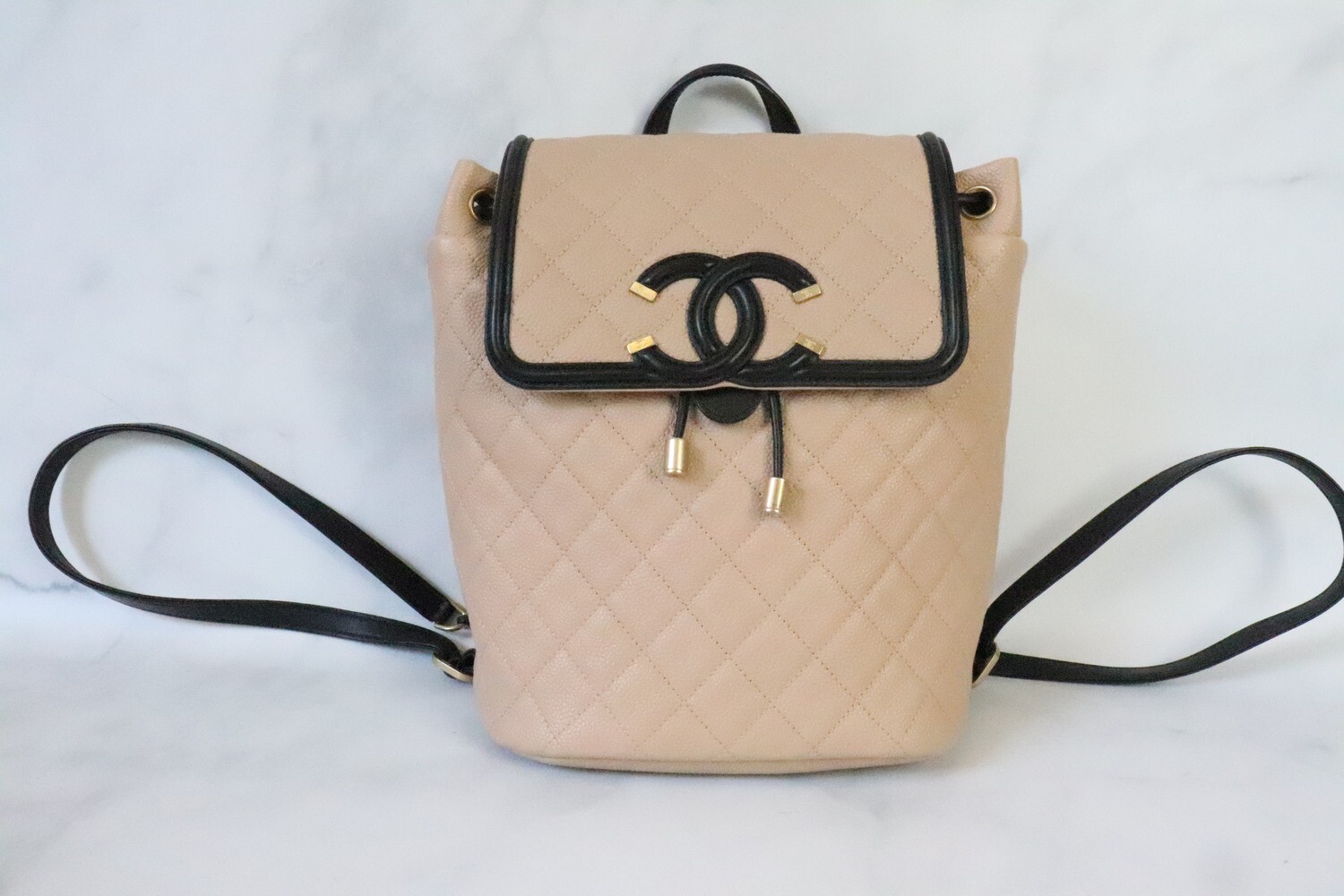 Chanel Backpack Filigree Beige and Black Caviar Leather, Brushed Gold Hardware, Preowned in Dustbag