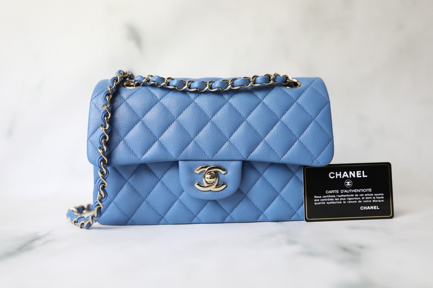 Chanel Classic Small, 21P Blue Caviar with Gold Hardware, New in