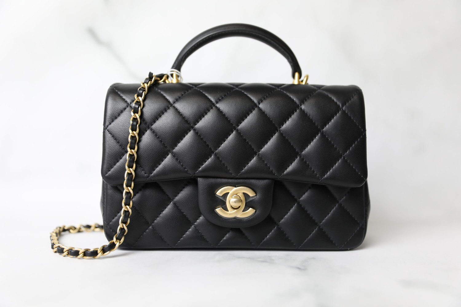 Chanel Mini with Top Handle, Black Lambskin with Aged Gold Hardware, New in  Box