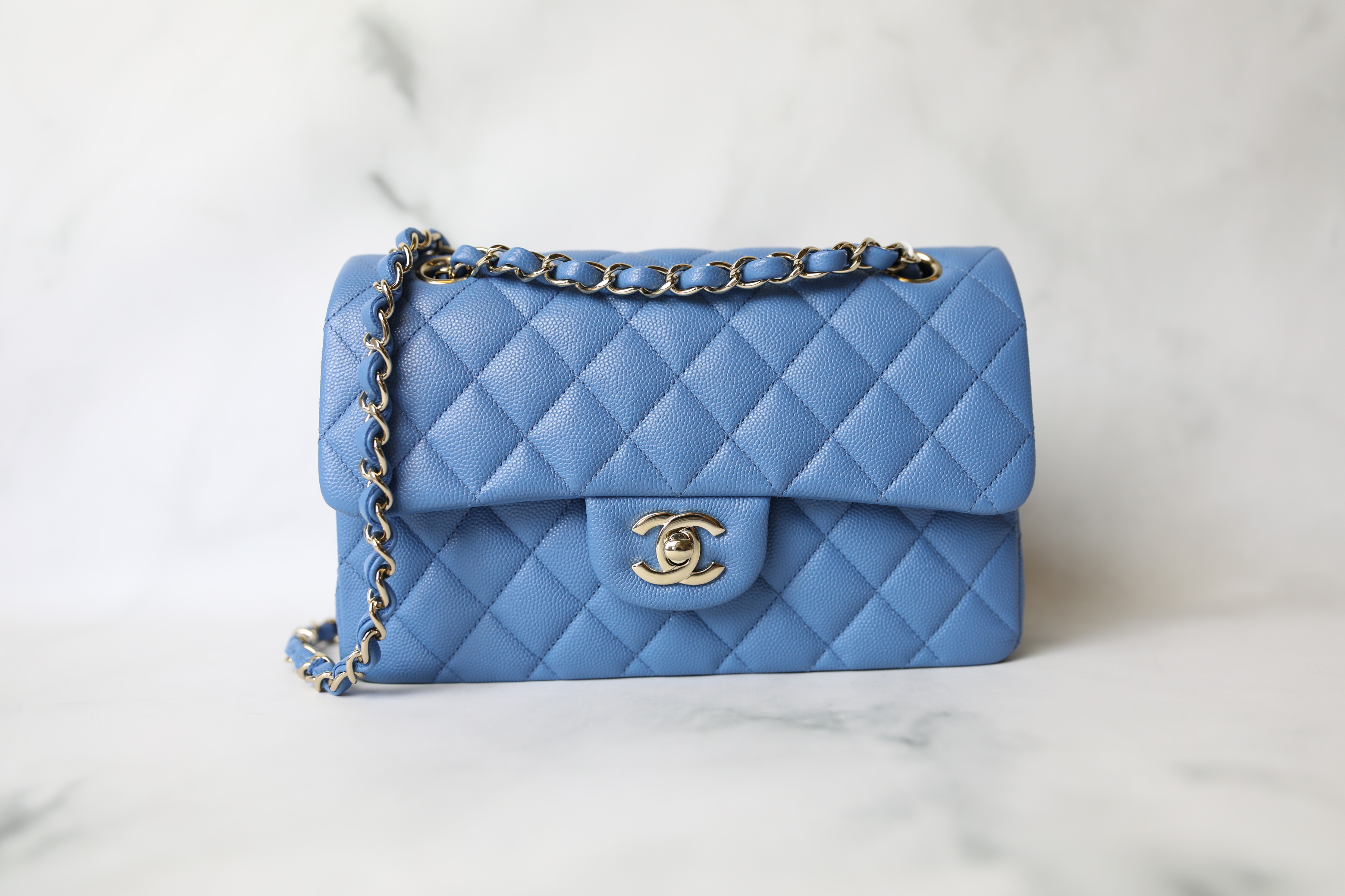 Chanel Classic Small, 21P Blue Caviar with Gold Hardware, New in
