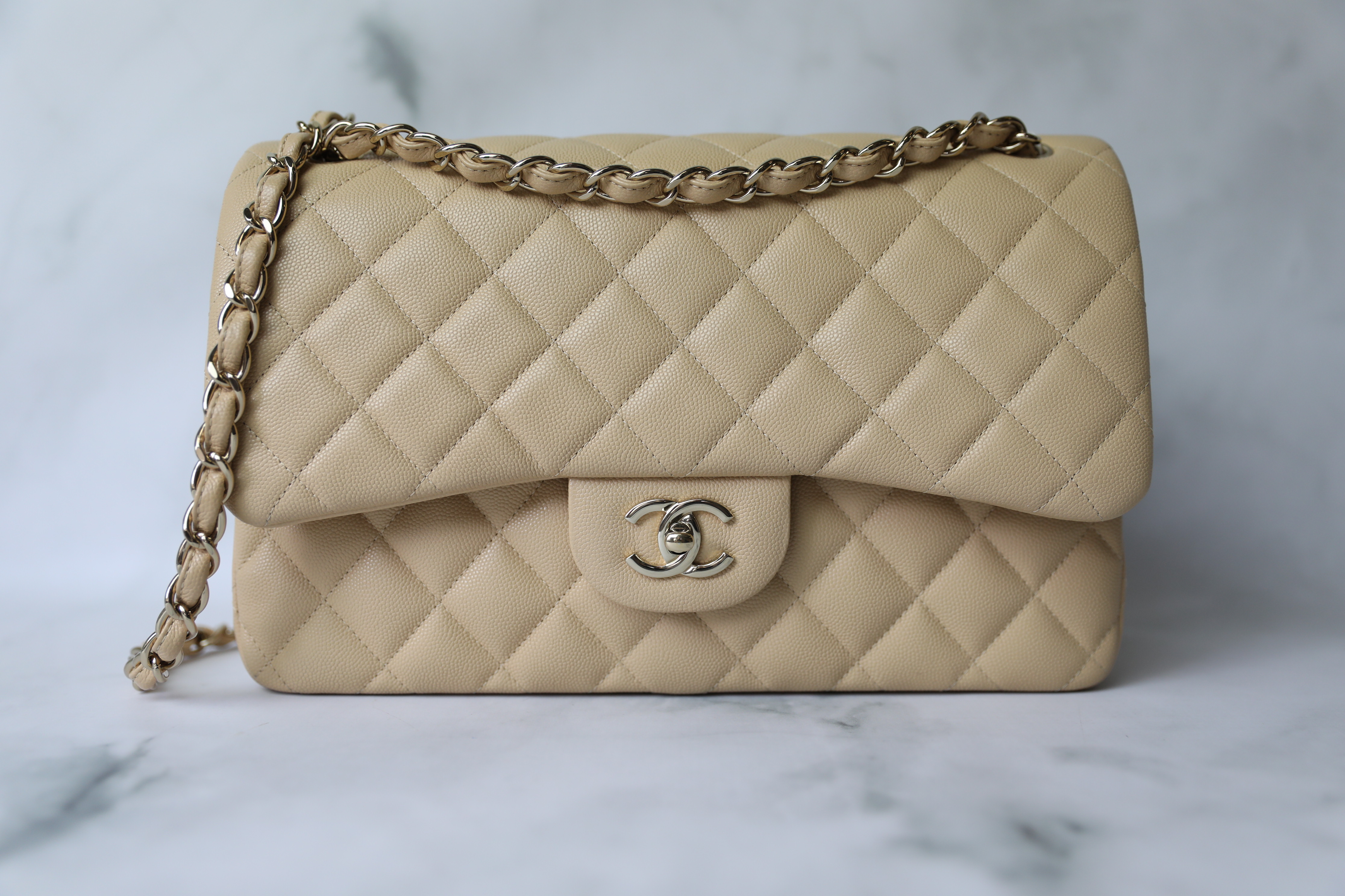 Chanel Classic Jumbo, Beige Caviar with Gold Hardware, Preowned in