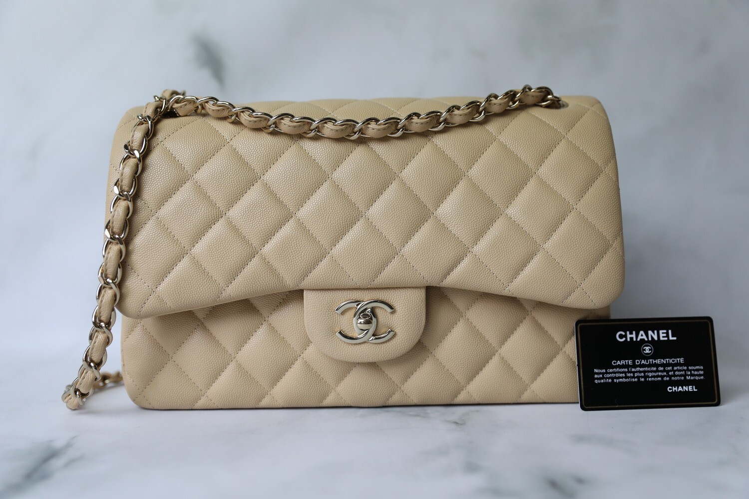Chanel Classic Jumbo, Beige Caviar with Gold Hardware, Preowned in Box WA001