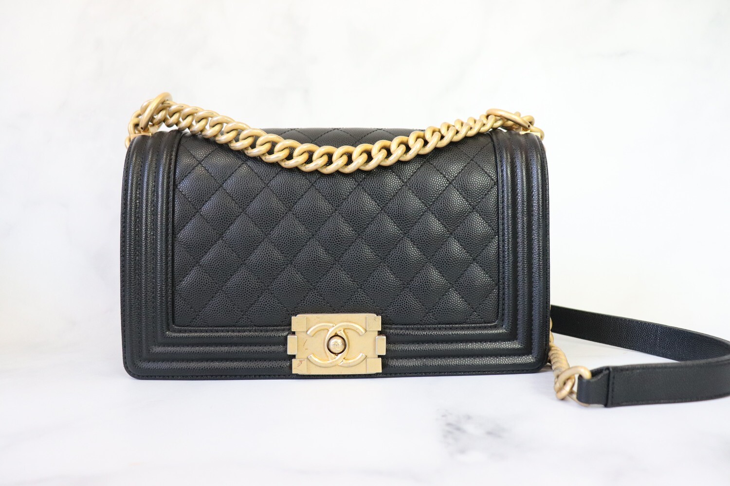 Chanel Boy Old Medium, Black Caviar Leather, Brushed Gold Hardware, Preowned in Dustbag