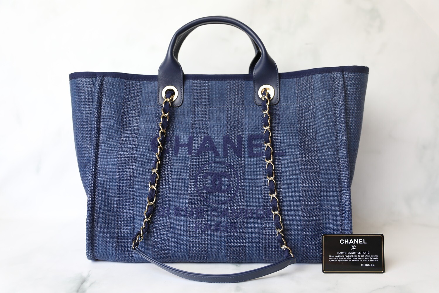 Chanel Large Deauville, 20P Blue Striped with Gold Hardware, Preowned in Box WA001