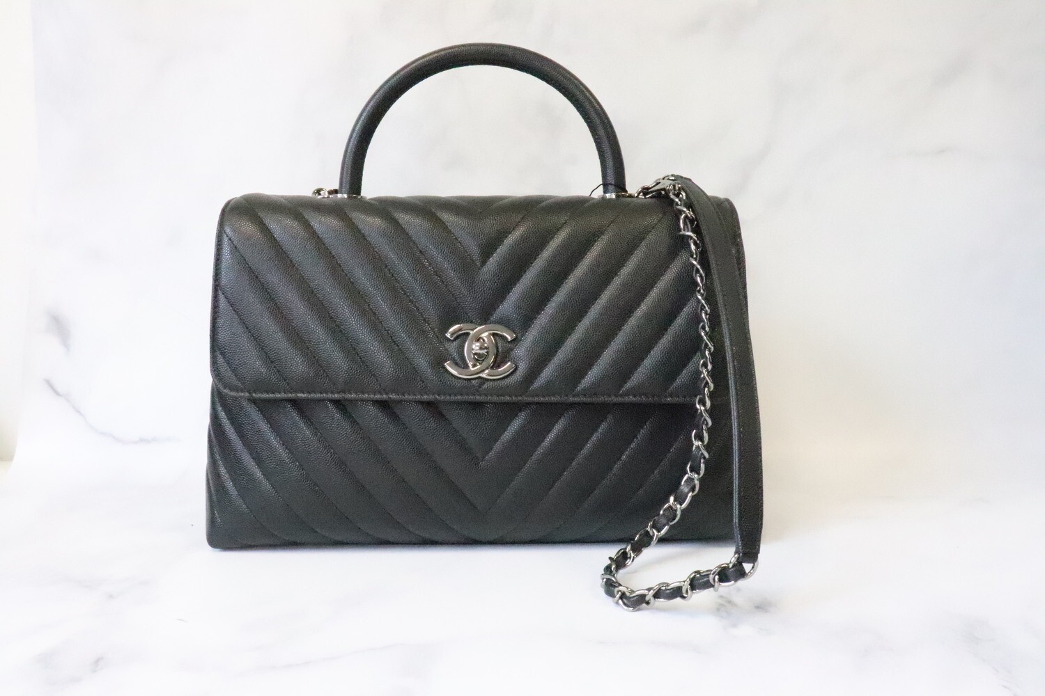 Chanel Coco Handle Large Black Caviar Chevron Leather, Ruthenium Hardware, Like New in Box MA001