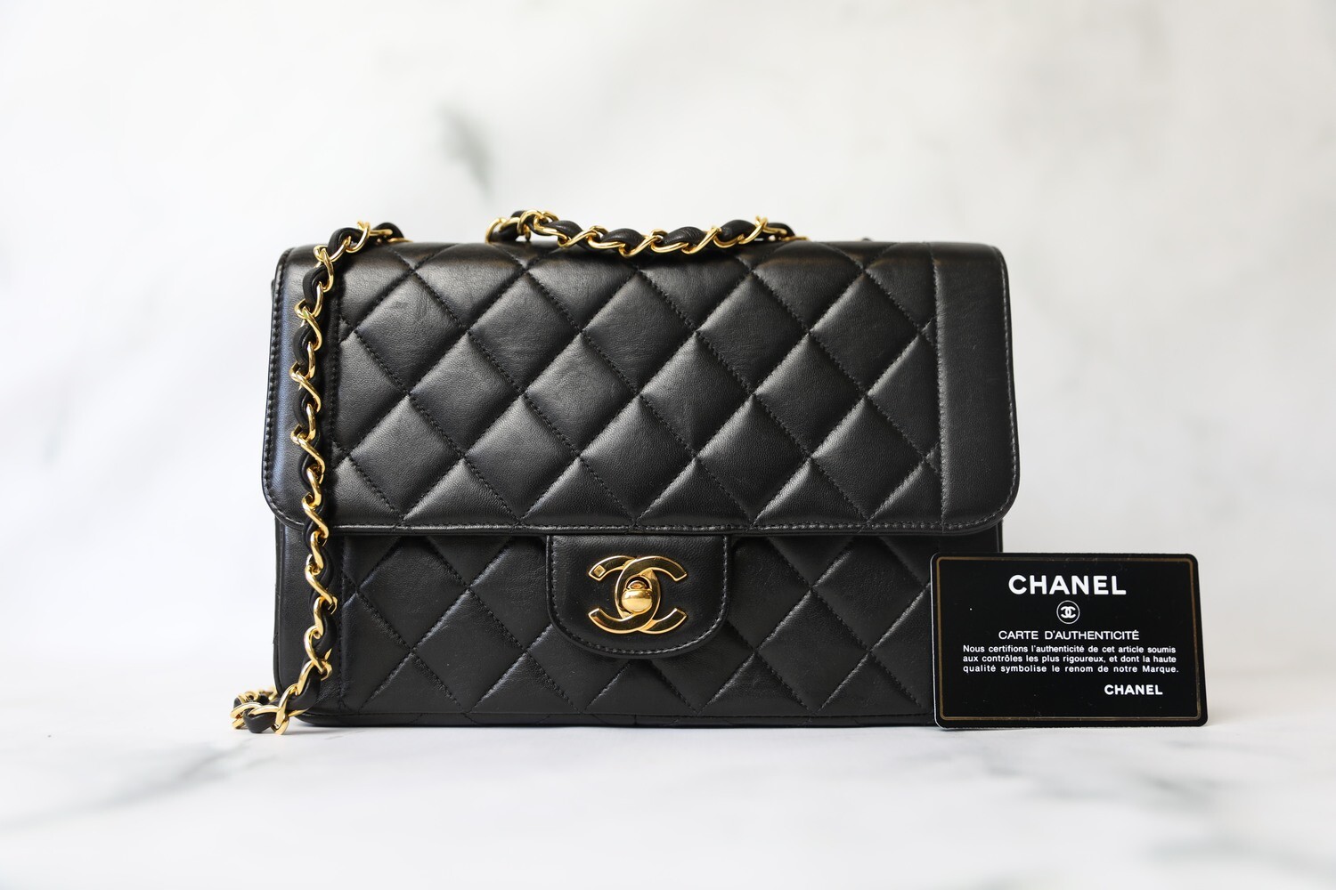 Chanel Vintage Quilted Flap, Black Lambskin with Gold Hardware, Preowned in Dustbag WA001