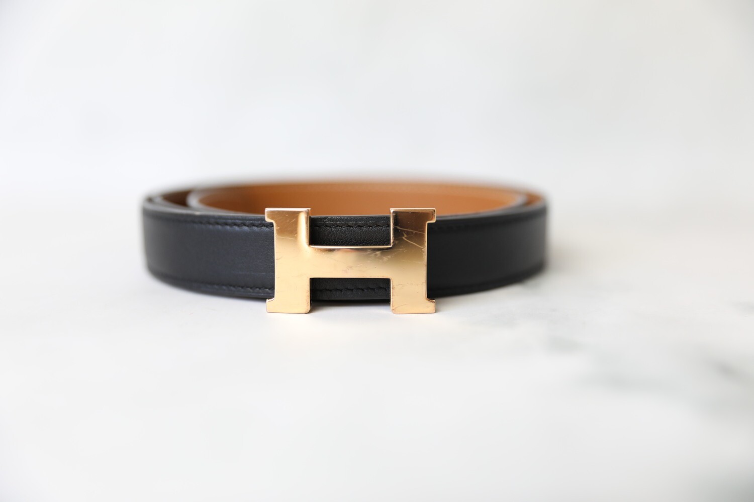 Hermes Reversible Belt, Black and Gold with Rose Gold Buckle, Size 90, Preowned in Box WA001