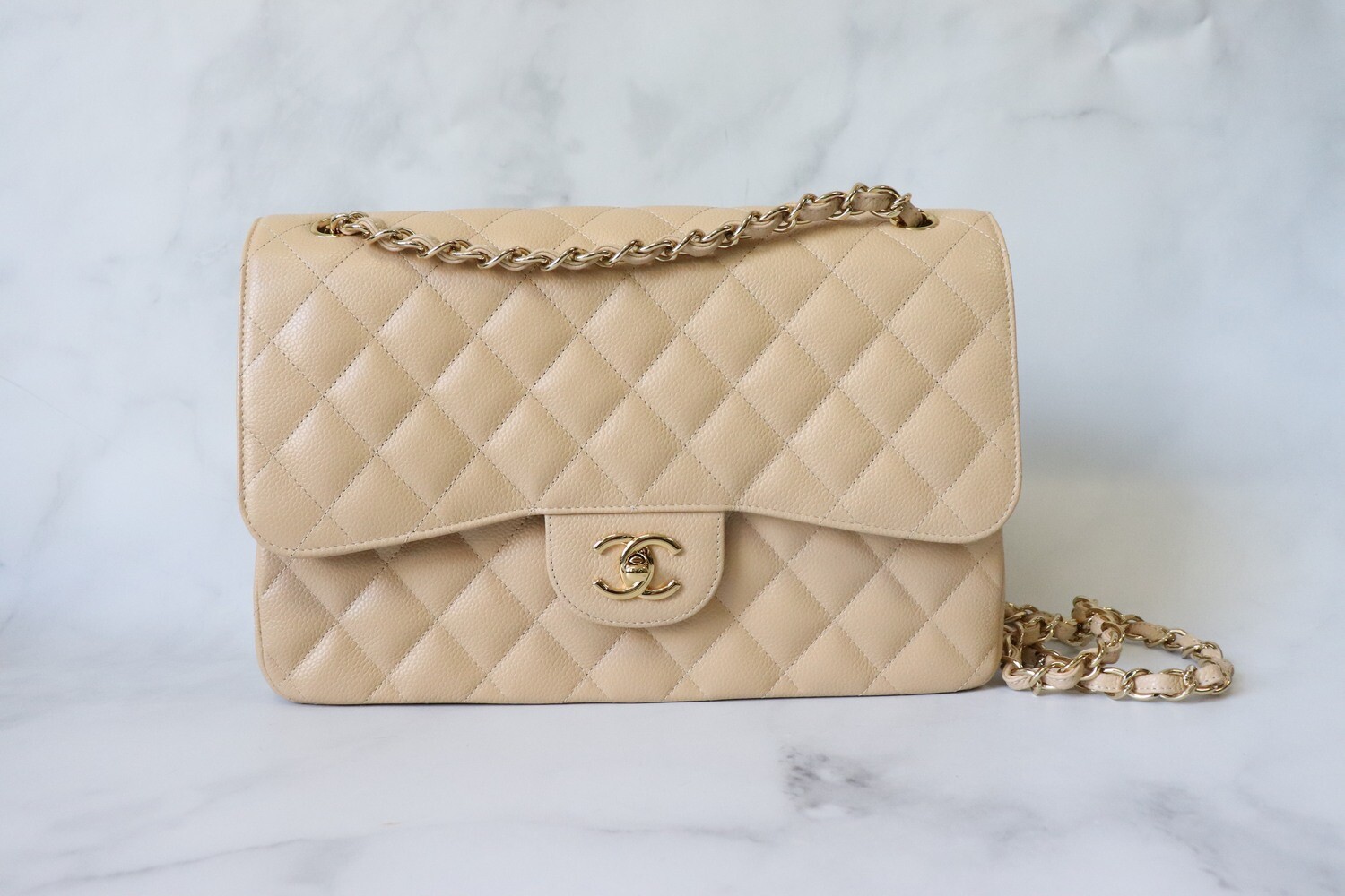Chanel Classic Jumbo Double Flap, Beige Clair Caviar Leather, Gold Hardware, Preowned in Dustbag