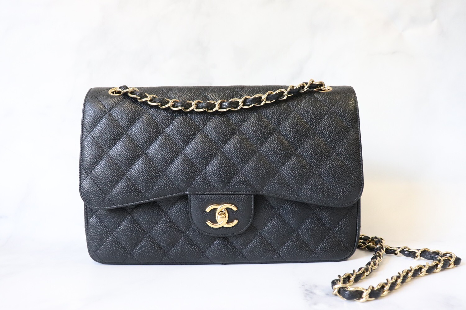 Chanel Classic Jumbo Double Flap, Black Caviar Leather, Gold Hardware, Preowned in Black Dustbag and Box