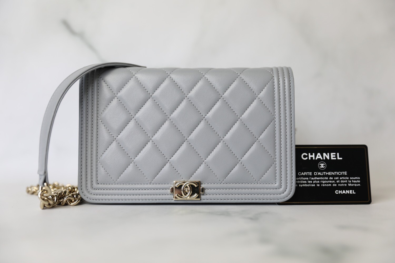 Chanel Boy Wallet on Chain, Grey Lambskin with Gold Hardware, Preowned in Box  WA001 - Julia Rose Boston