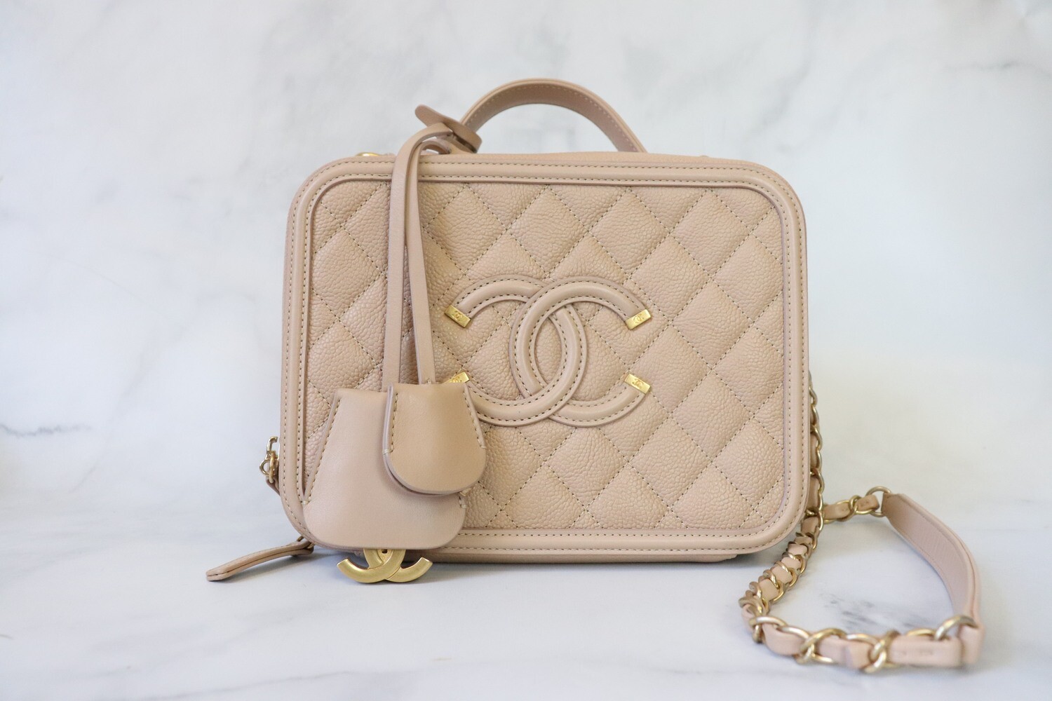 Chanel Vanity Beige Caviar Leather, Brushed Gold Hardware, Preowned in Box