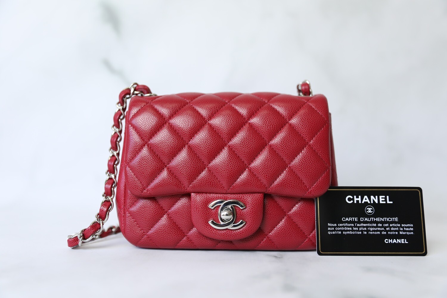 Chanel Classic Mini Square, Raspberry Red Caviar with Silver Hardware,  Preowned in Dustbag WA001