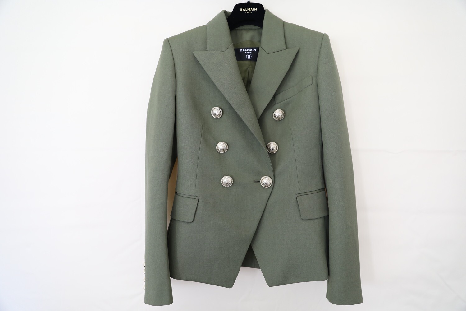 Balmain Blazer, Khaki with Gold Buttons, Size 36, New WA001