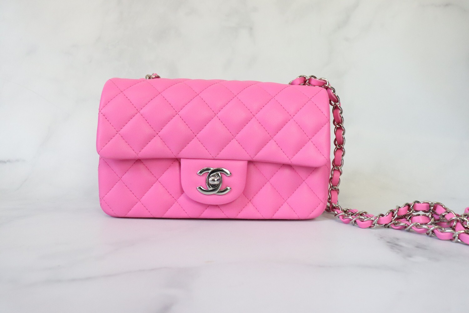 Chanel Mini Rectangle, Neon Pink Lambskin Leather, Silver Hardware, As New (Mint condition) In Box