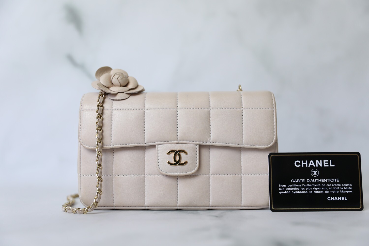 Chanel Vintage Camellia Square Quilted Mini Flap, Light Beige Lambskin with Gold Hardware, Preowned in Box WA001