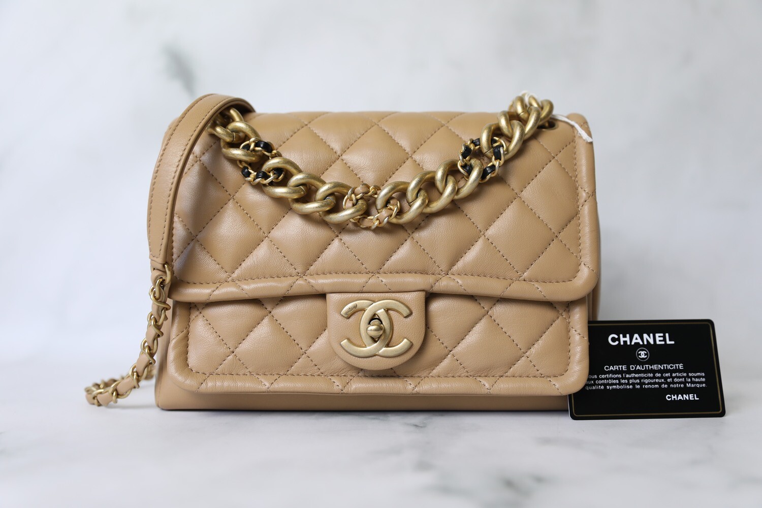 Chanel Quilted Linked In Flap Medium, Dark Beige Lambskin with Gold Hardware Preowned in Box WA001