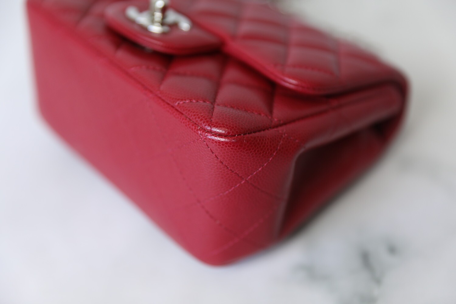 Chanel Classic Mini Square, Raspberry Red Caviar with Silver Hardware,  Preowned in Dustbag WA001