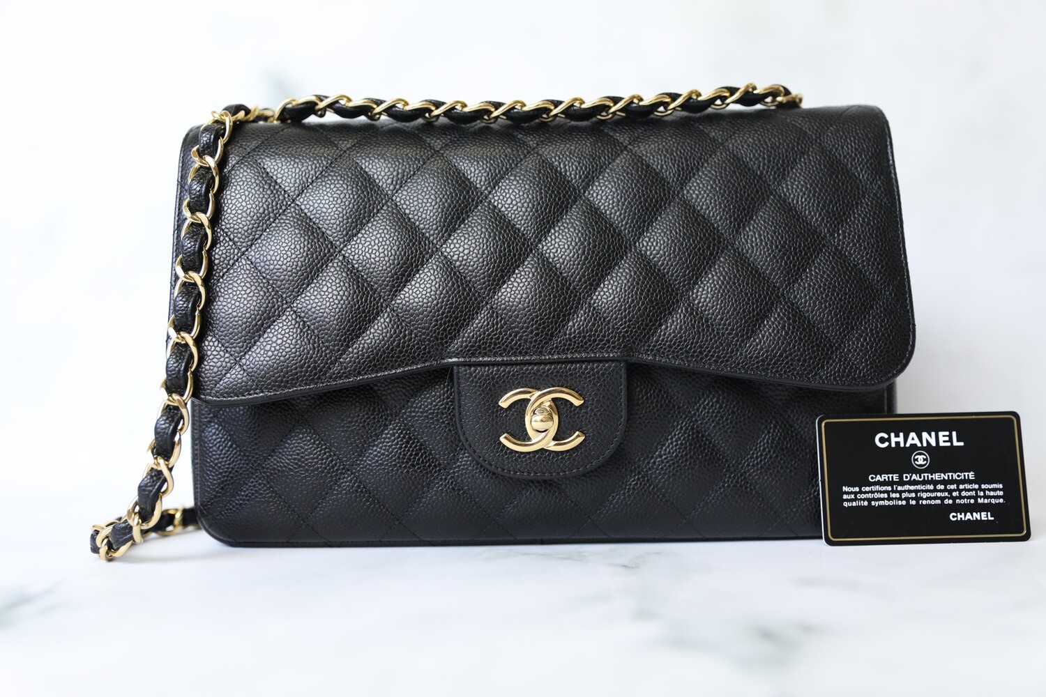 Chanel Classic Jumbo, Black Caviar with Gold Hardware, Preowned in Dustbag WA001