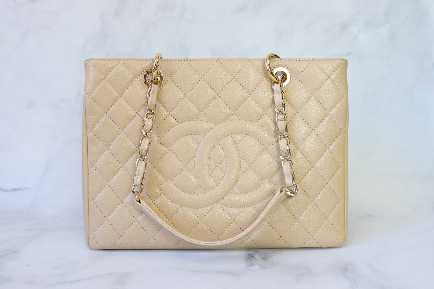 Chanel Grand Shopping Tote, GST, Beige Clair Caviar Leather, Gold Hardware, Preowned in Box