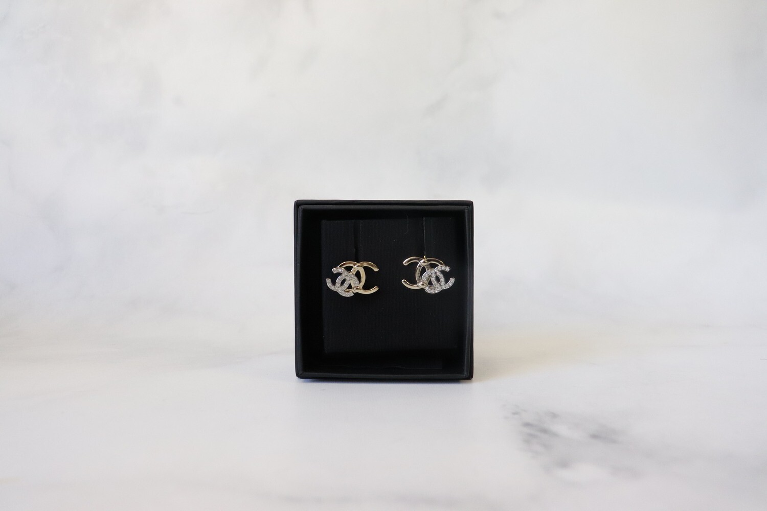 Chanel Earrings Double CC Studs Light Gold and Crystal, New in Box