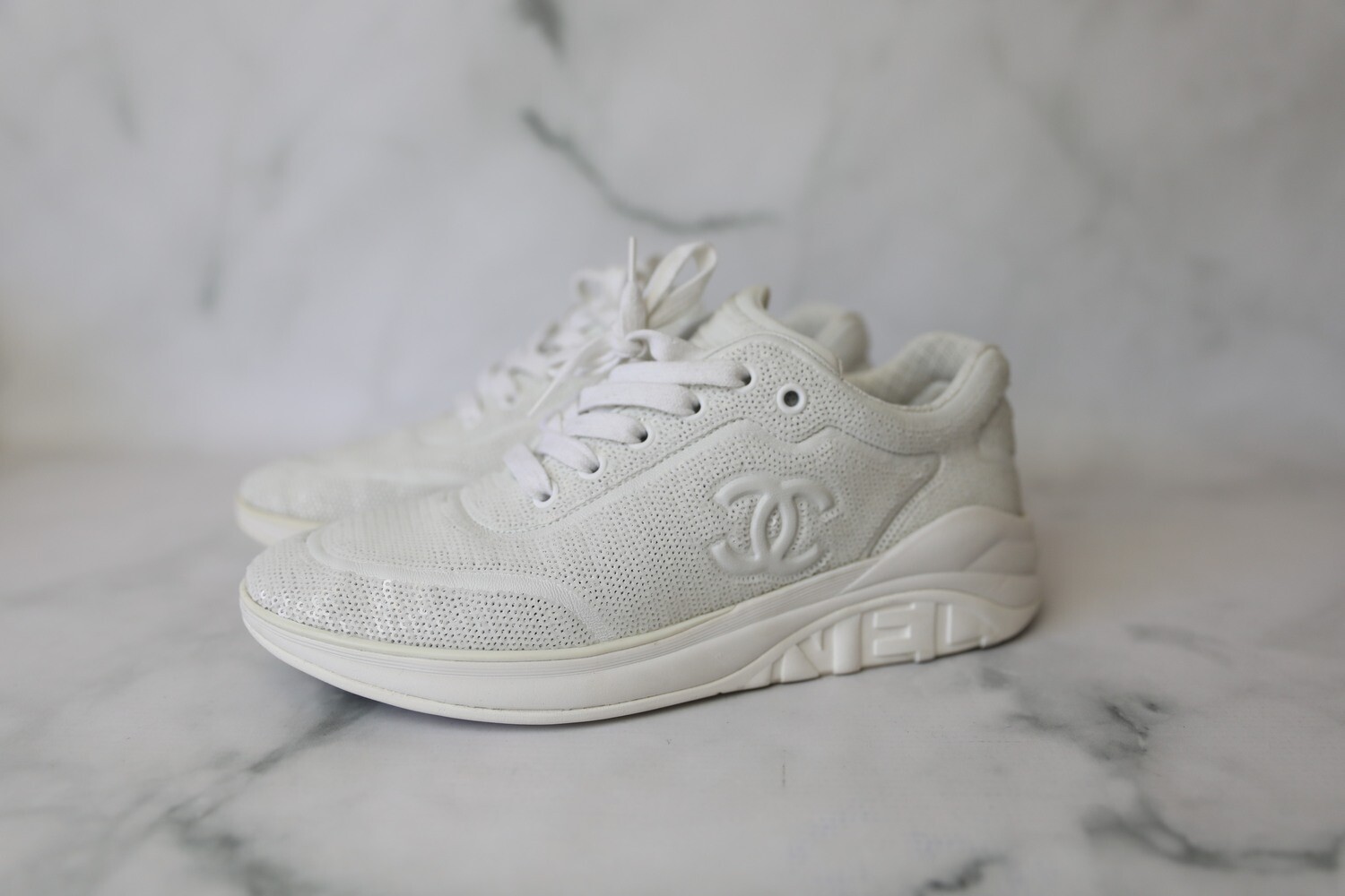 Chanel Shoes Sneakers, White Sequin, Size 40.5, Preowned in Dustbag WA001 -  Julia Rose Boston