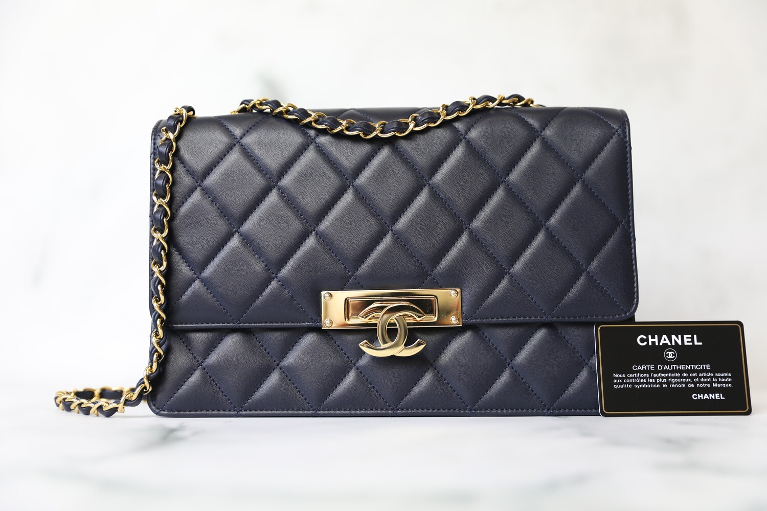 Chanel Golden Class Flap Large, Navy Lambskin with Gold Hardware, Preowned in Box WA001