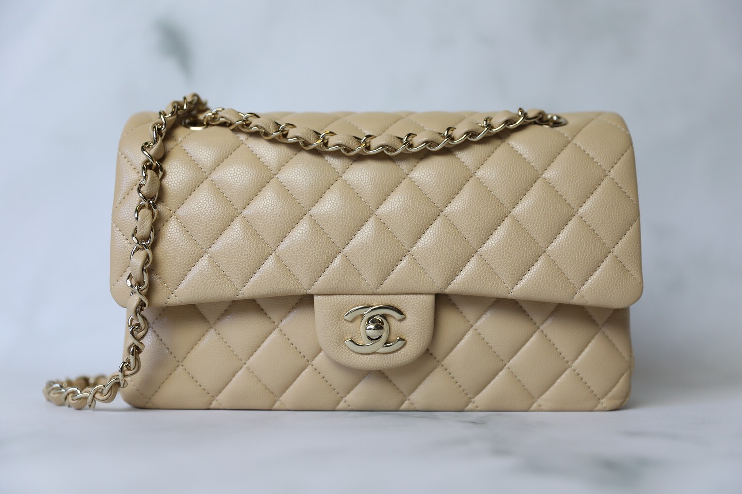 Chanel Classic Medium, Beige Caviar with Gold Hardware, Preowned in Box WA001