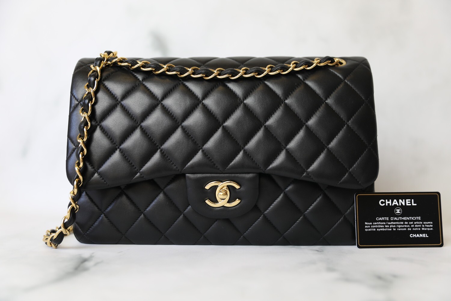 Chanel Classic Jumbo, Black Lambskin with Gold Hardware, Preowned in Dustbag WA001