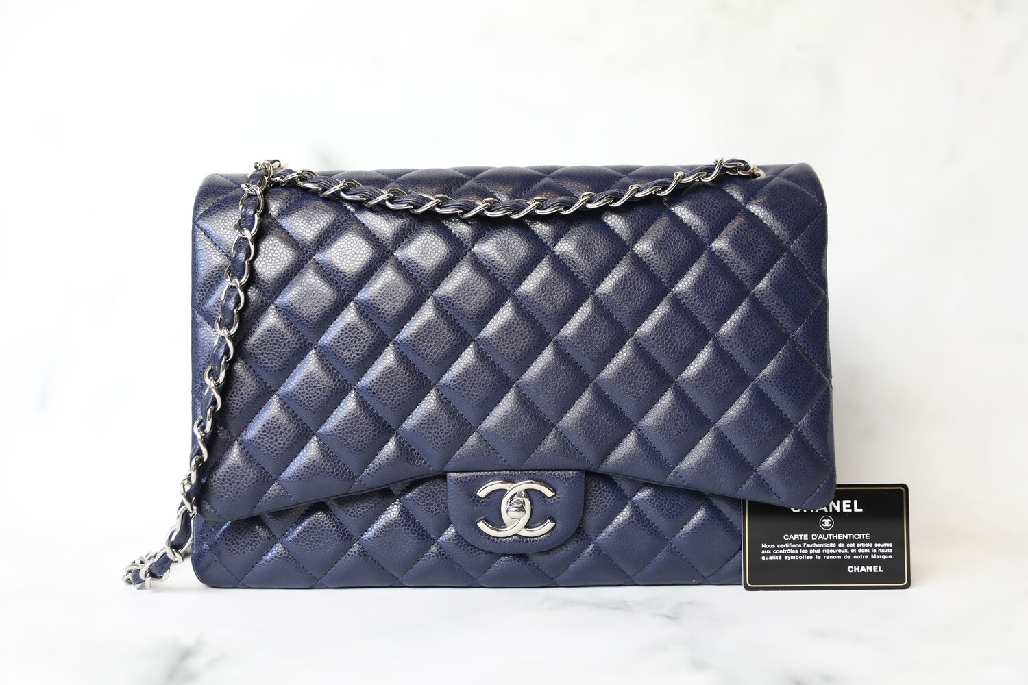Chanel Classic Maxi, Navy Caviar with SIlver Hardware, Preowned in Dustbag WA001