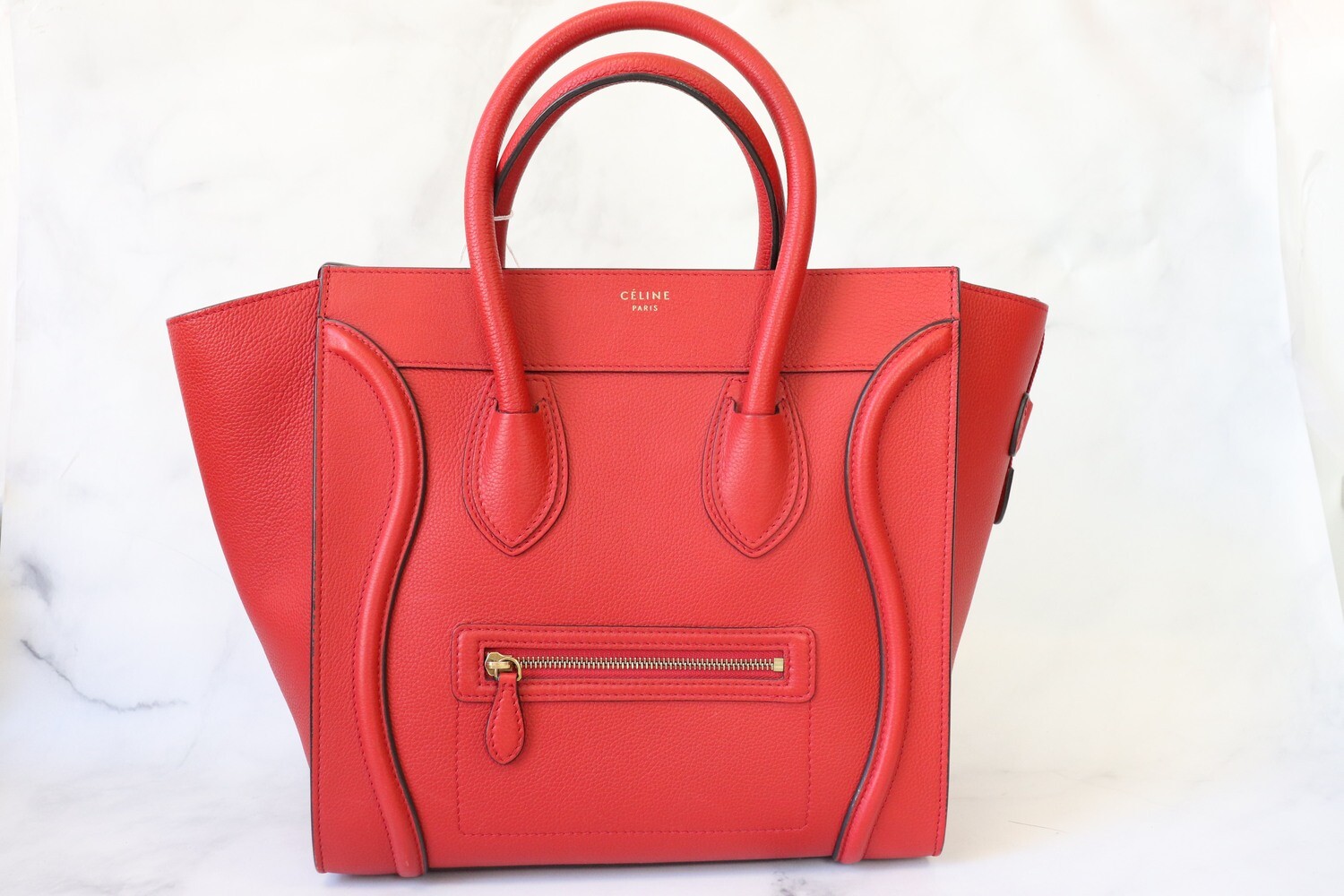 Celine Luggage Mini Red Pebbled Leather, Gold Hardware, Preowned in Dustbag