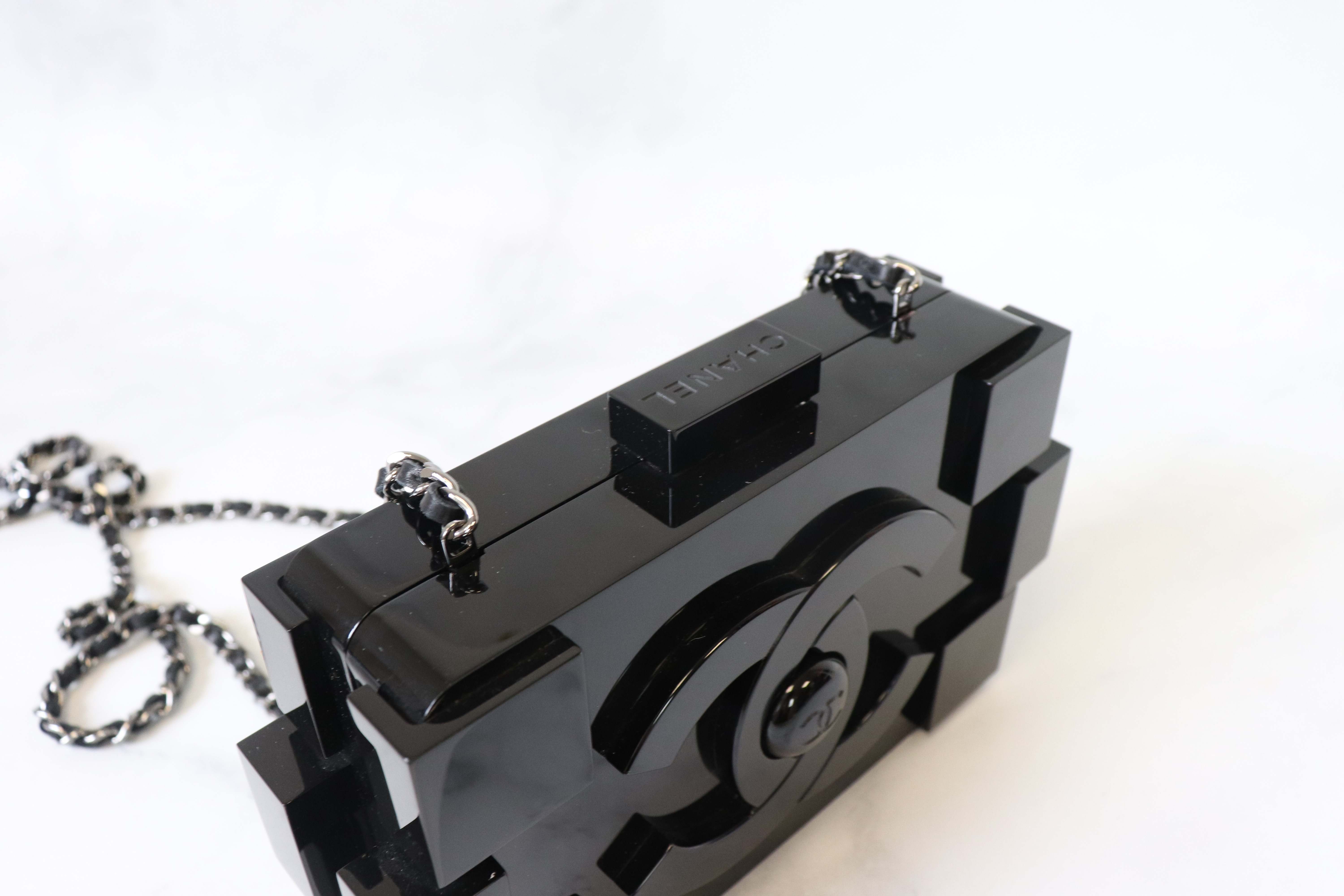 Chanel Plexiglass Barcode Boy Brick Lego Clutch Black, Preowned in