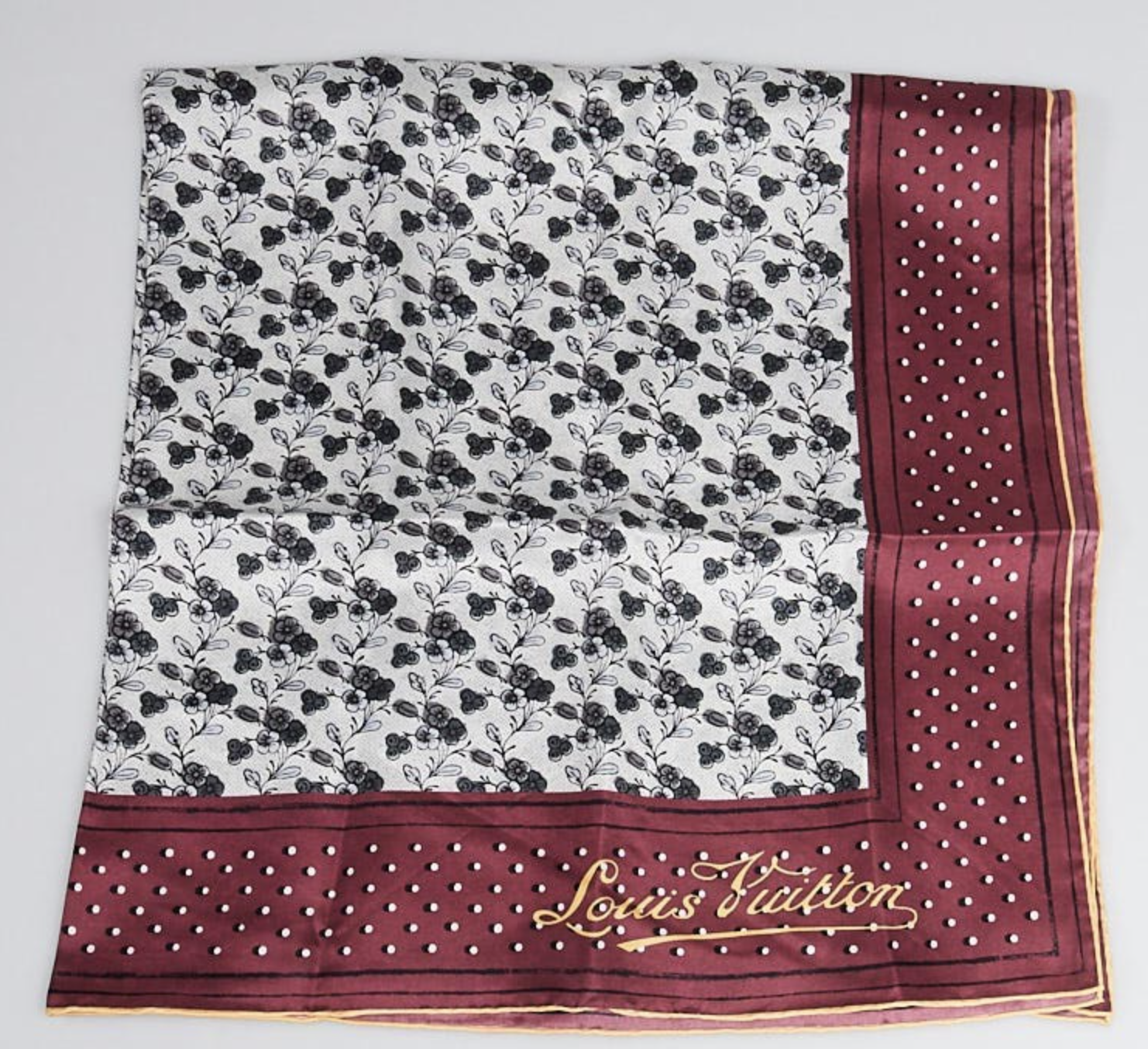 Louis Vuitton Shawl Silk, Burgundy Border with Floral, New - No Box