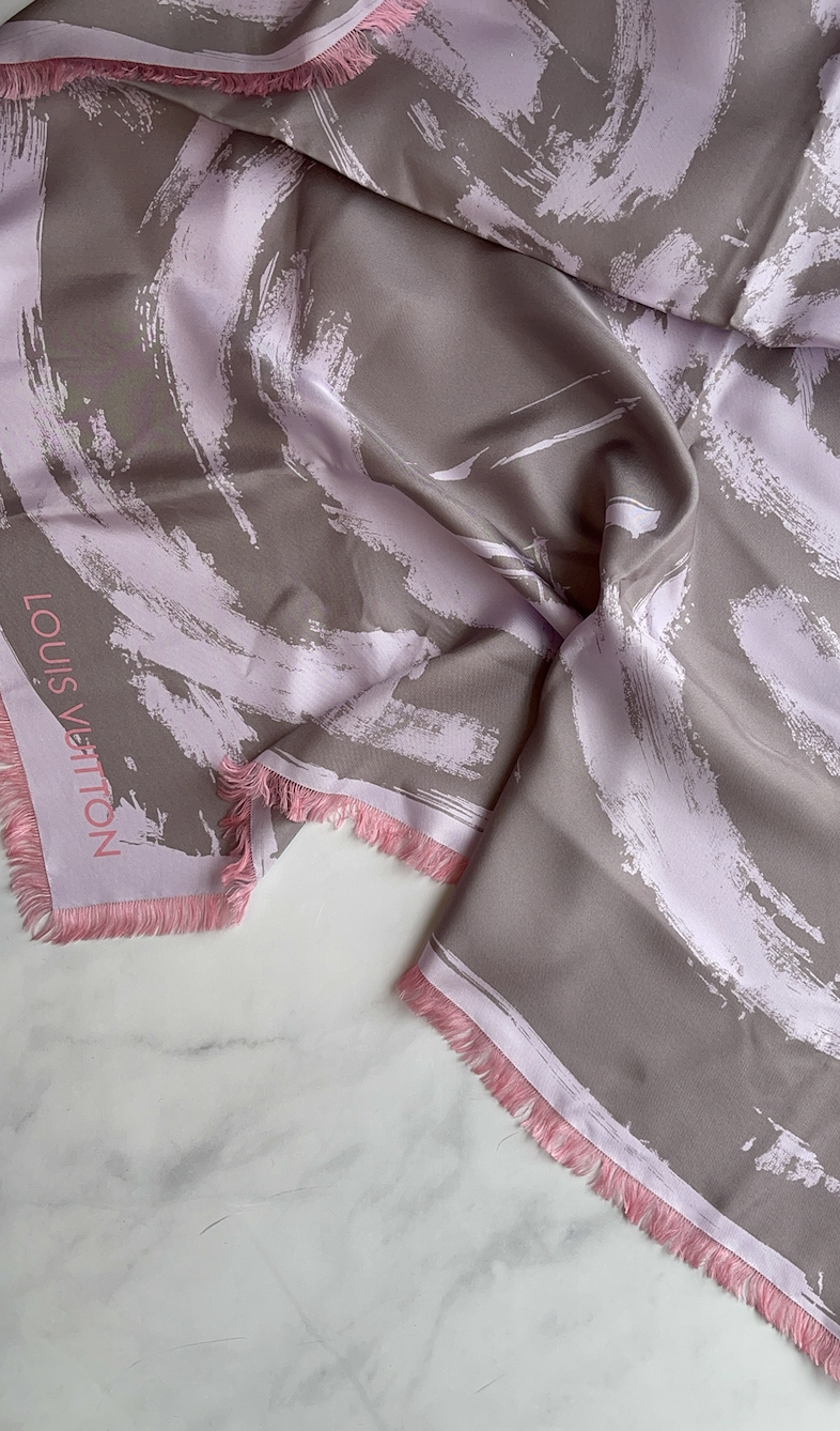 Louis Vuitton Shawl Silk, Grey with Light Pink, and Pink Fringe New, No Box
