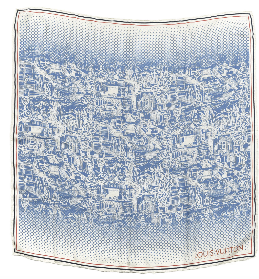 Louis Vuitton Shawl Silk, Blue with Red Stripe Around Border, Blue City Scarf, New - No Box