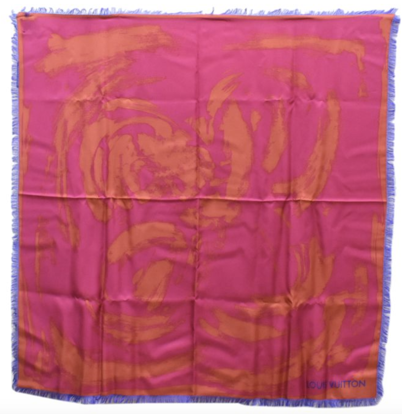 Louis Vuitton Shawl Silk, Hot Pink with Orange and Blue Fringe Border, New, No Box