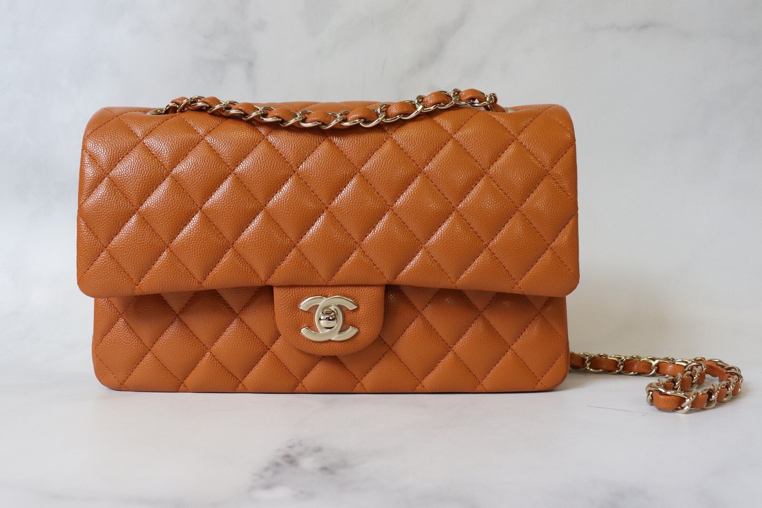 Chanel Classic Medium Double Flap, 21A Brown Caramel Pumpkin Caviar Leather, Gold Hardware, New in Box CA001