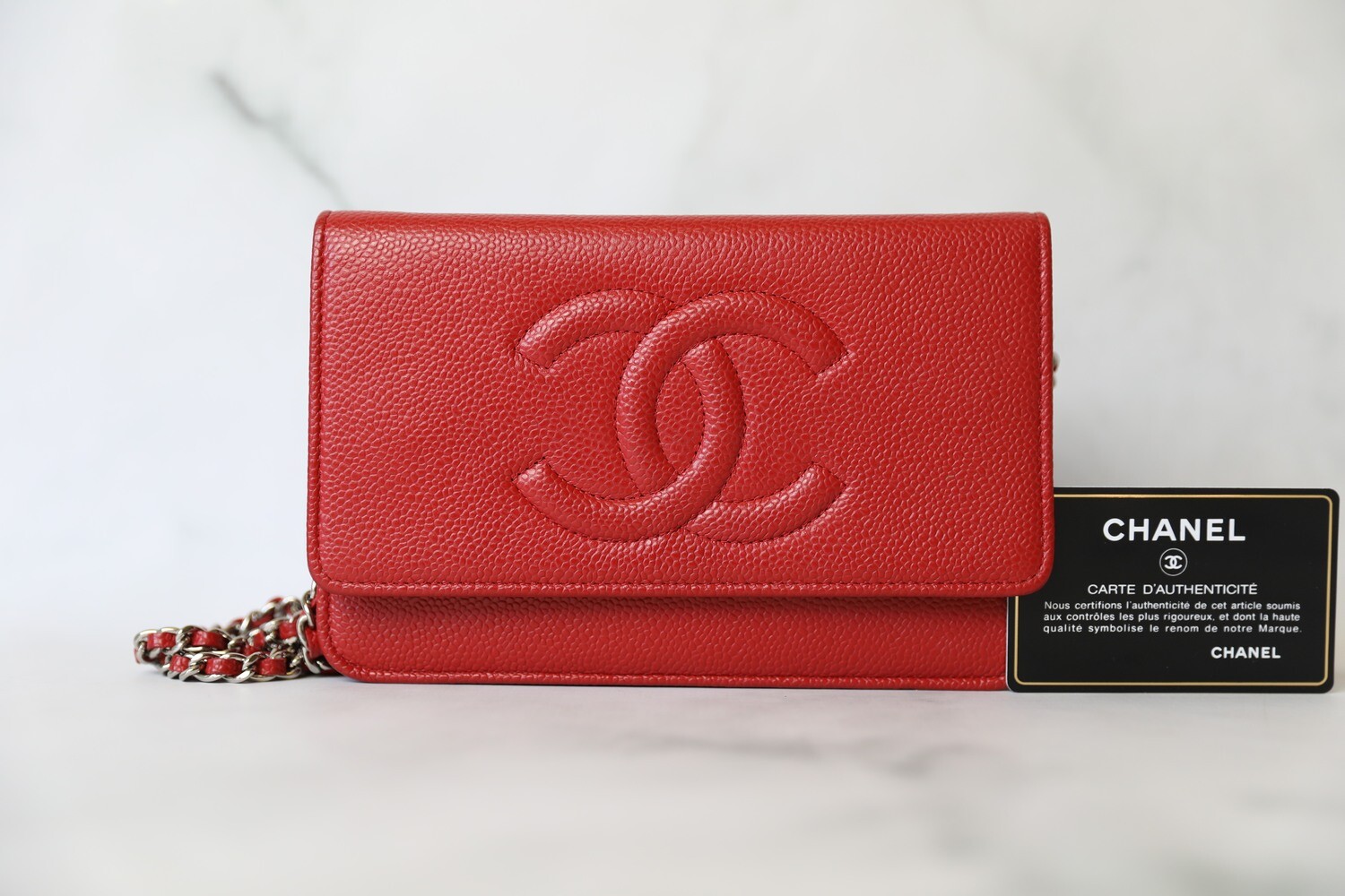 Chanel Timeless Wallet on Chain, Red Caviar with Silver Hardware, Preowned in Dustbag WA001