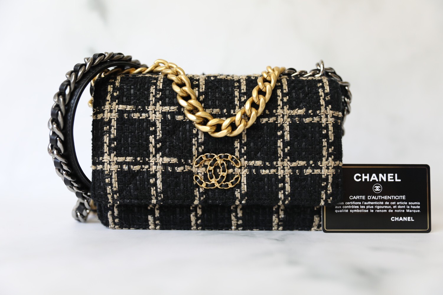Chanel 19 Wallet on Chain, Beige and Black Tweed Plaid, New in Box MA001