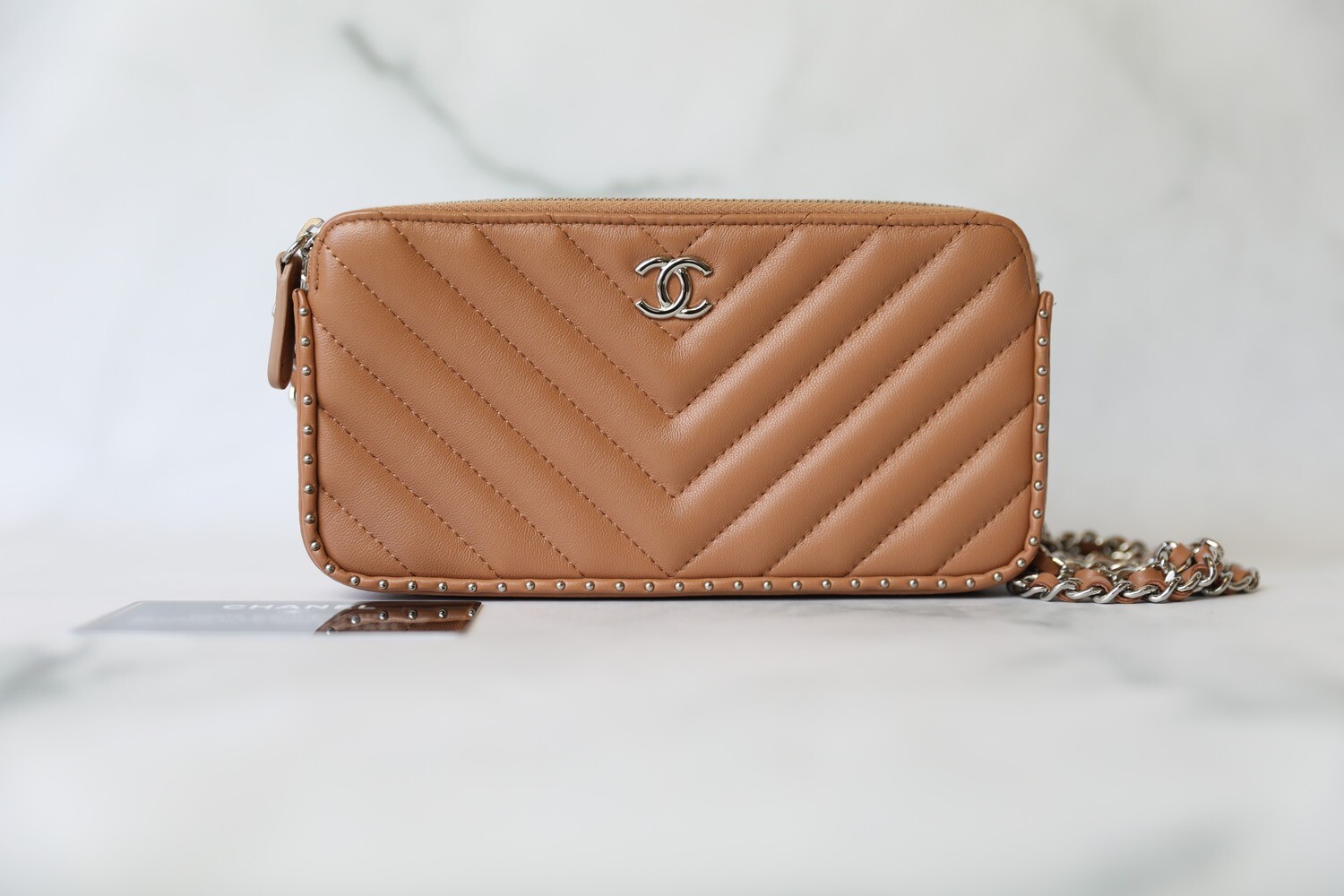 Chanel Clutch with Chain, Dark Beige Studded Lambskin with Silver Hardware, Preowned in Box WA001