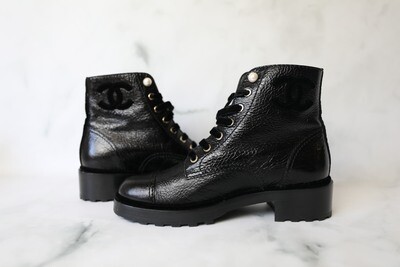 Chanel Shoes Combat Boots, Black Glazed Leather, Size 39.5, New in Box, MA001