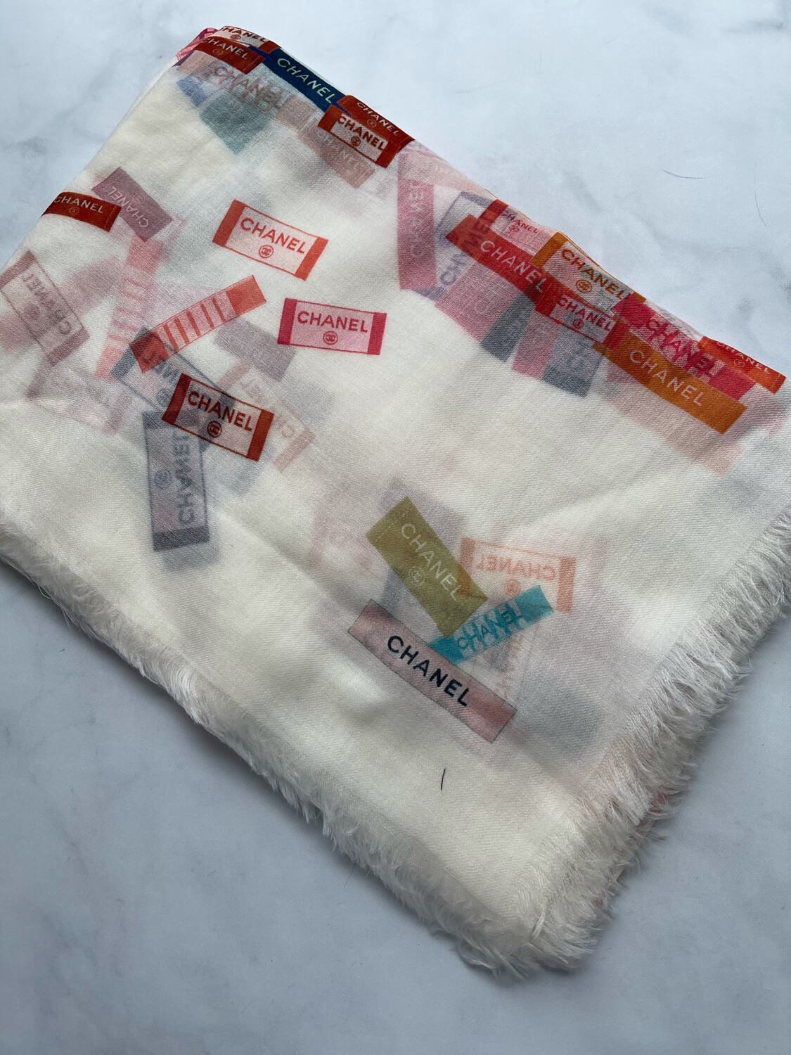 Chanel Scarf Lightweight Cashmere, Ivory Tag Colorful, New - No Box