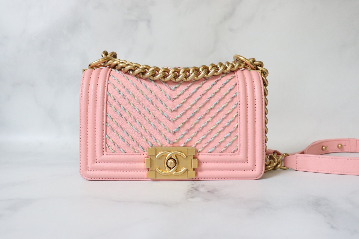 Chanel Pink Chevron Quilted Lambskin North-South Le Boy Shoulder Bag
