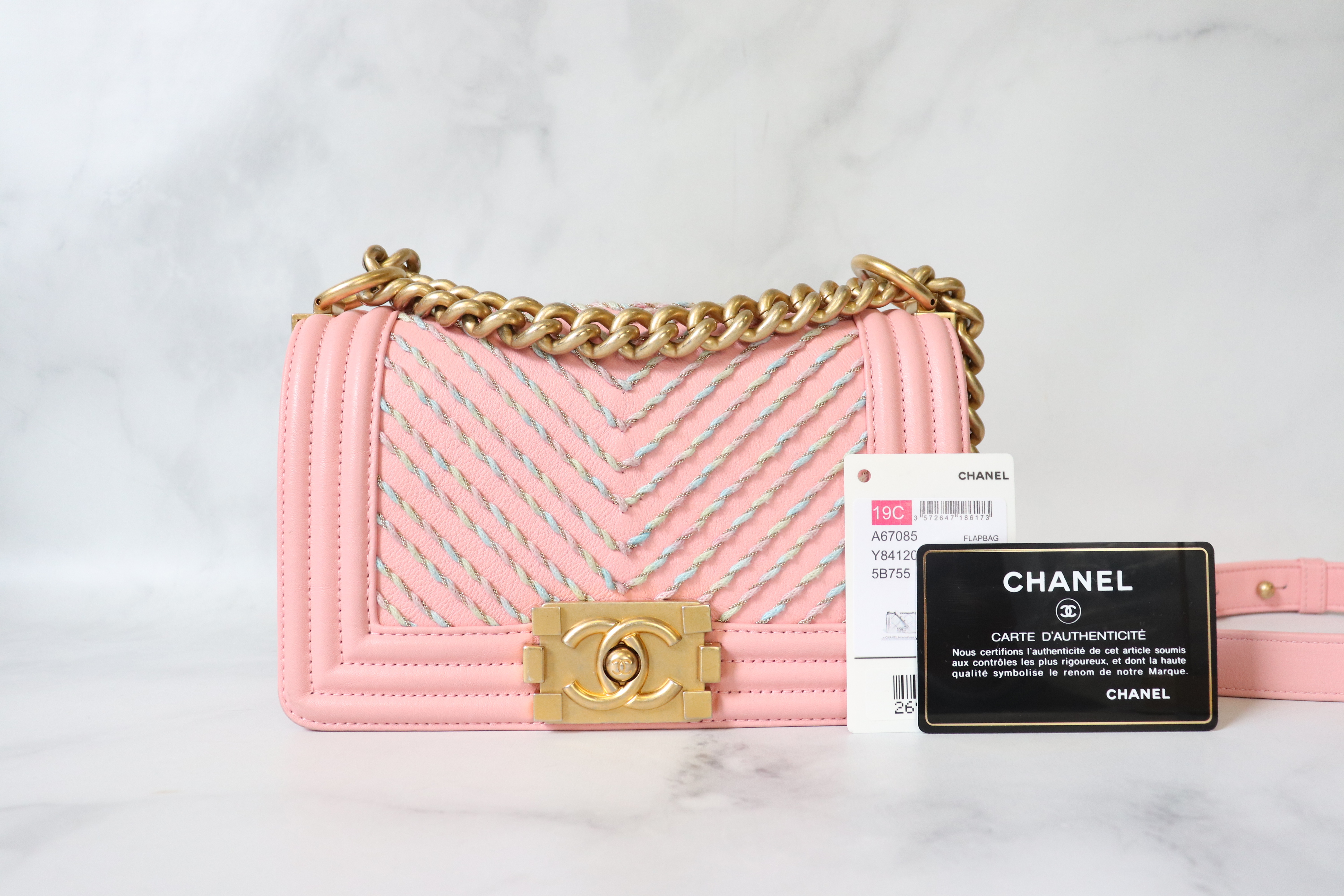 Chanel Boy Small, 19C Pink Lambskin Leather, Multicolor Chevron