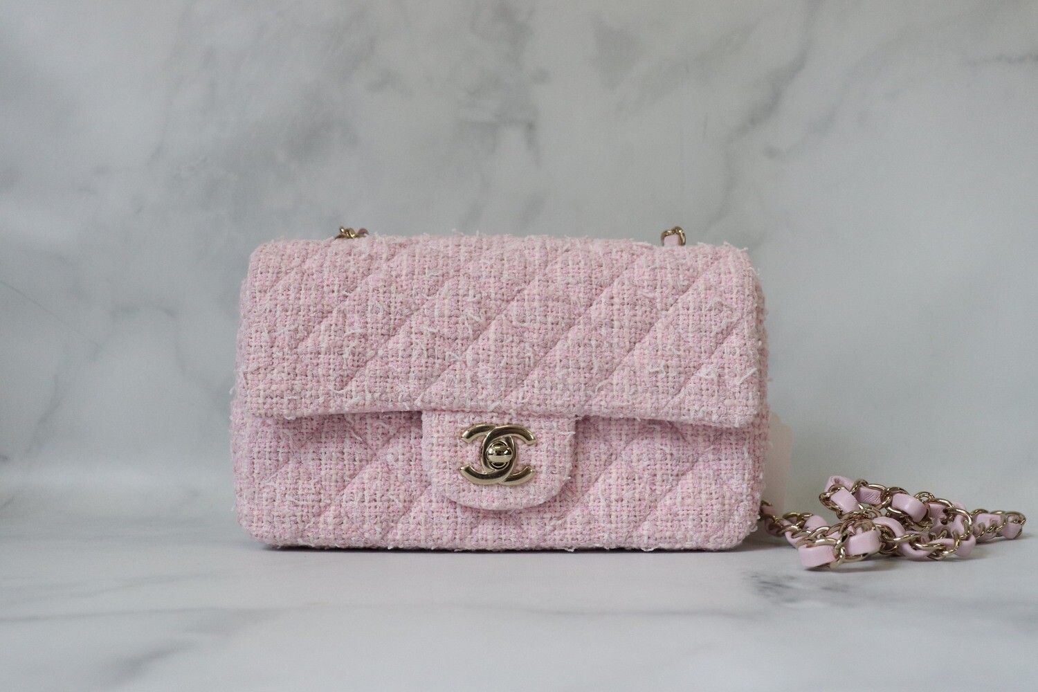 Chanel Mini Rectangle, Pink Tweed, Shiny Light Gold Hardware, New in Box